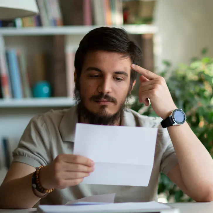 Mann siitzt am Tisch und liest ein Dokument