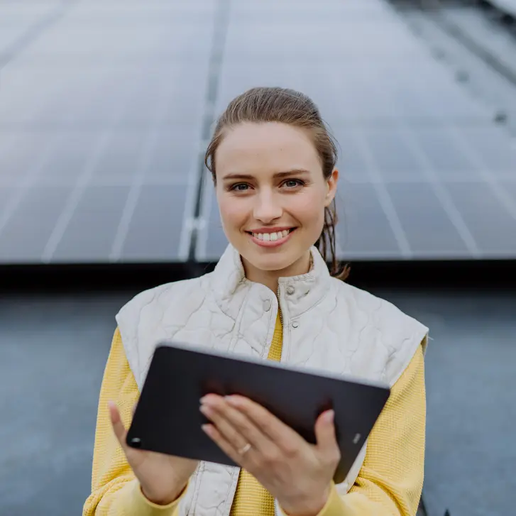 Junge Frau mit Tablet vor Photovoltaikanlage