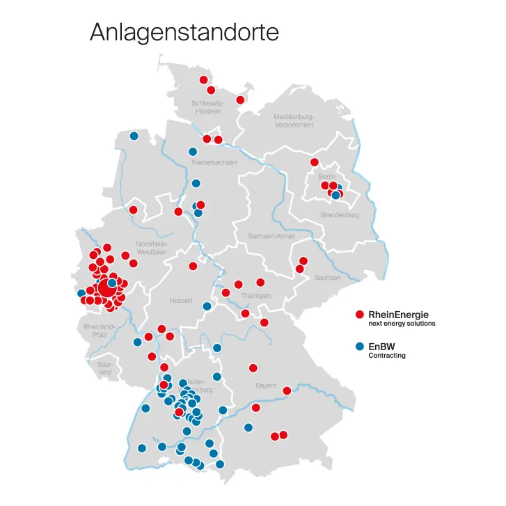 Eine Deutschlandkarte zeigt die Standorte der Contracting-Anlagen von RheinEnergie und EnBW.