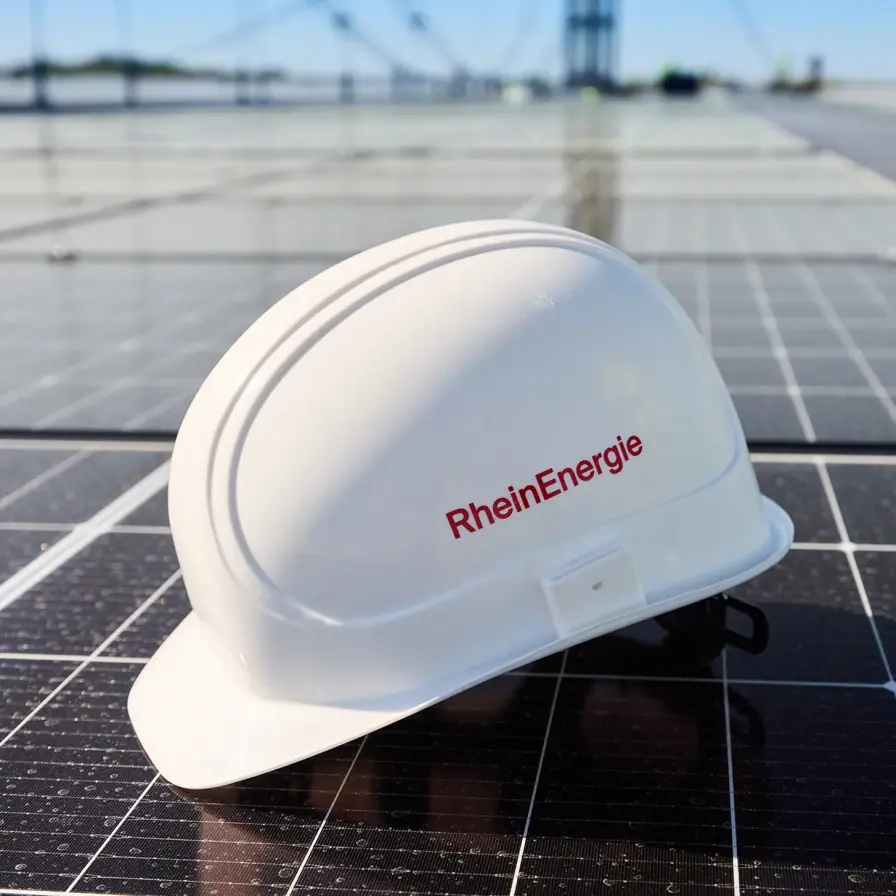 Ein weißer Helm der RheinEnergie liegt auf einem Solarmodul.
