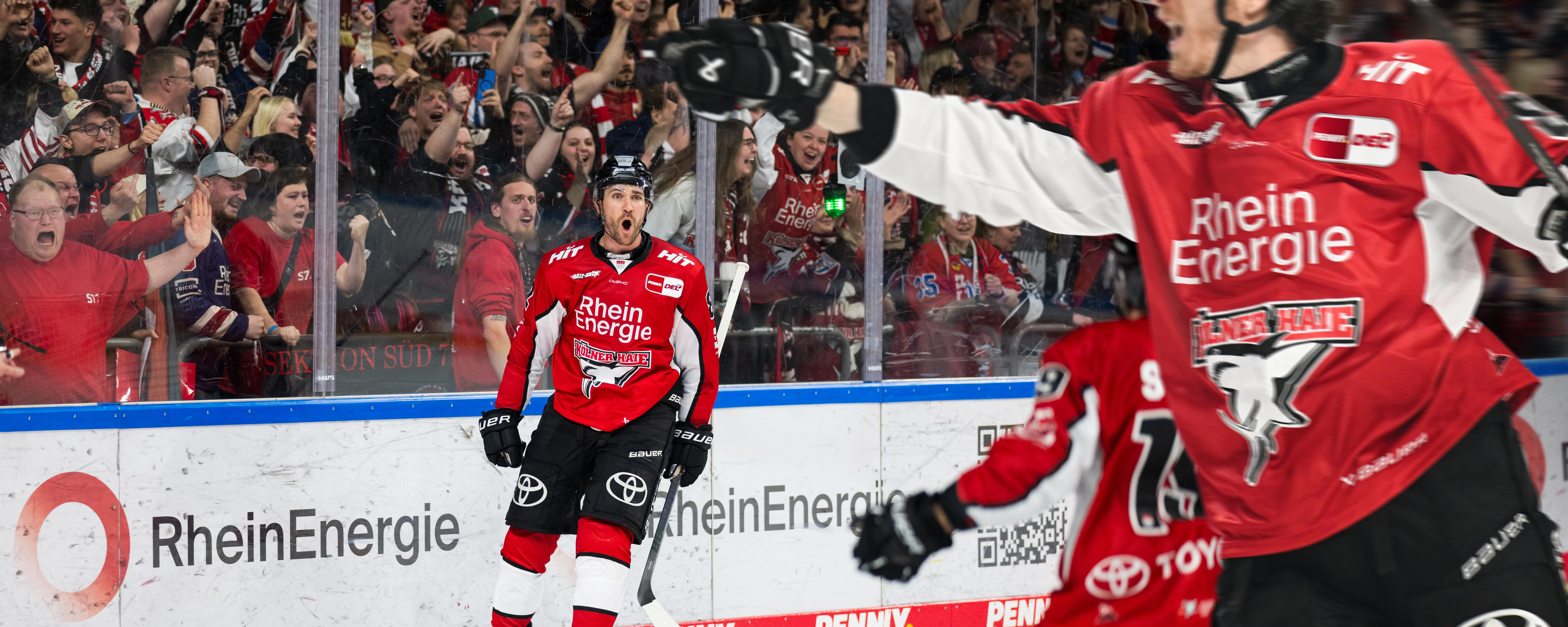 Eishockeyspieler in der Arena mit RheinEnergie Banner, Publikum feuert an