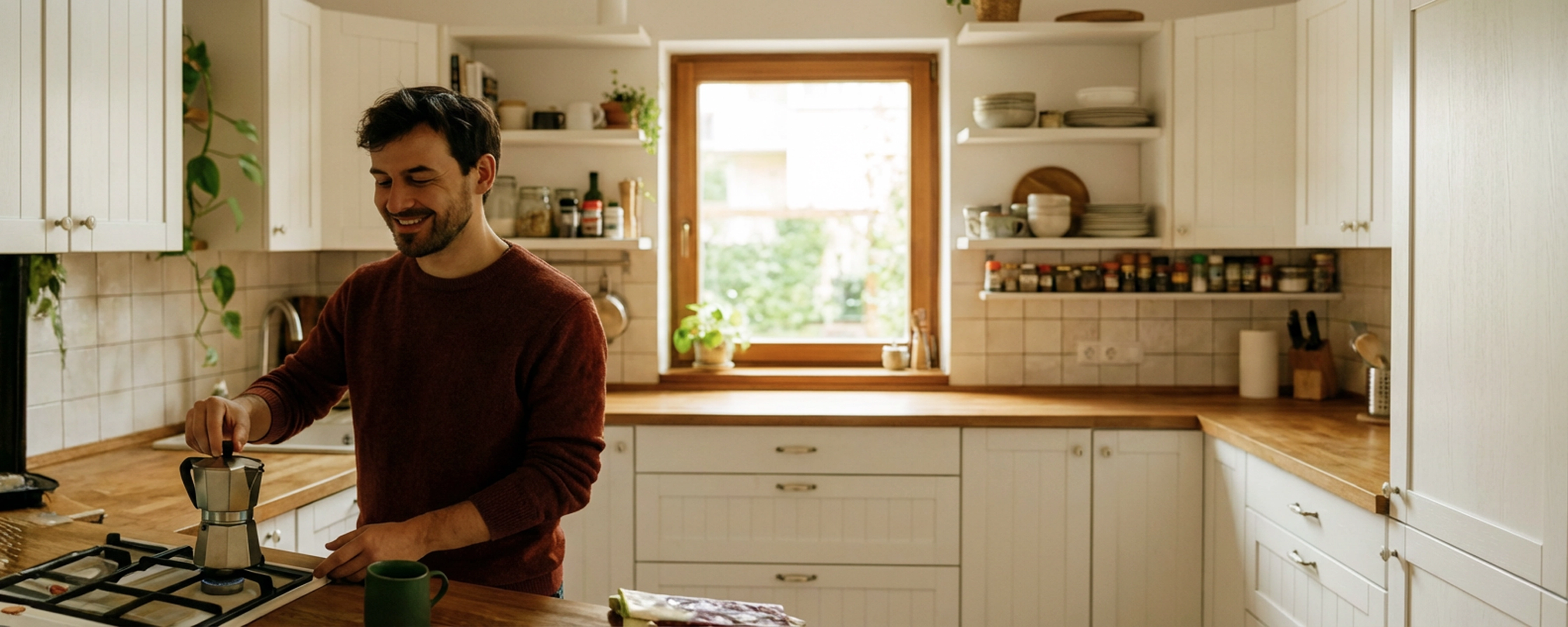 Junges Mann steht in der Küche und kocht auf dem Gasherd Kaffee
