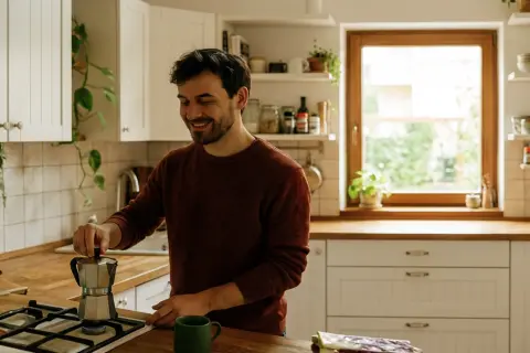 Junges Mann steht in der Küche und kocht auf dem Gasherd Kaffee