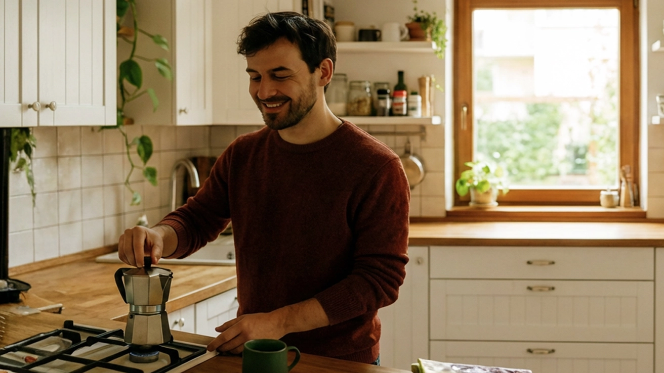 Mann kocht auf Gasherd in der Küche Kafee