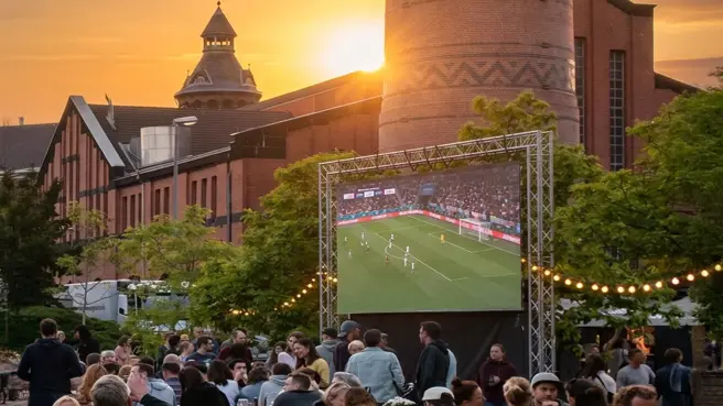 Menschen sitzen auf Wiese und gucken gemeinsam Fußball