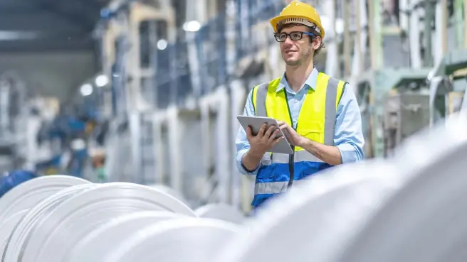 Ein Arbeiter mit Helm in einer Industrieanlage