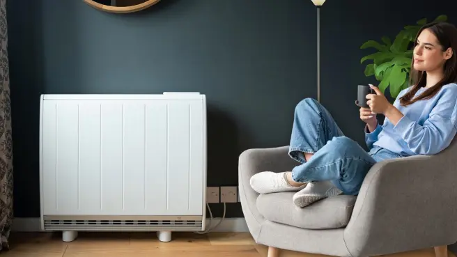 Ein Kind sitzt auf einem Stuhl vor einer Nachtspeicherheizung