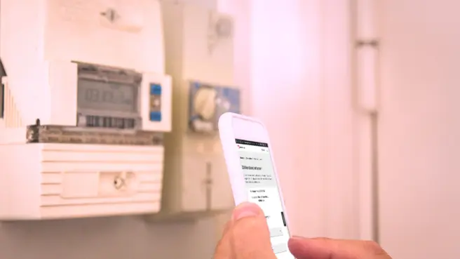 Handy in der Hand vor dem Stromzähler