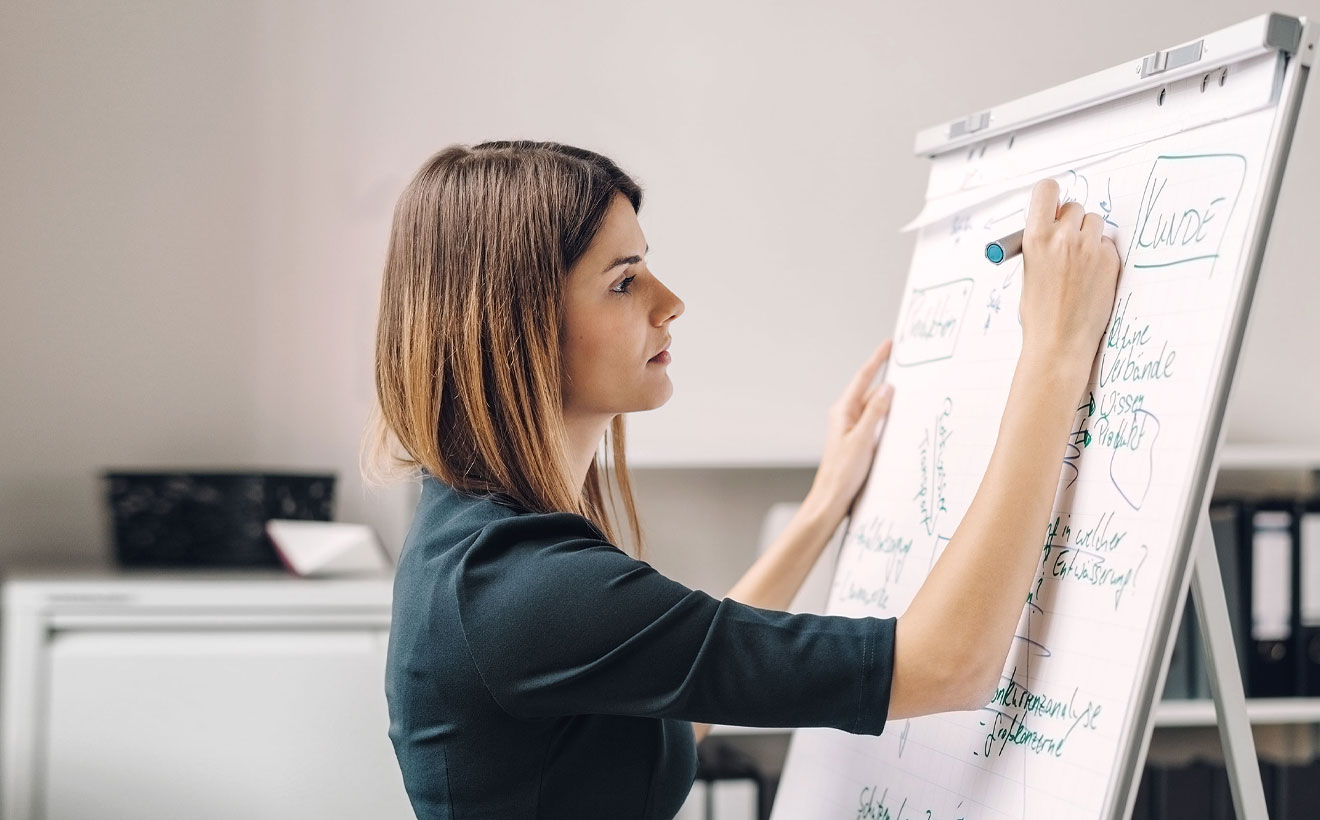 Frau vor einem Flipchart.