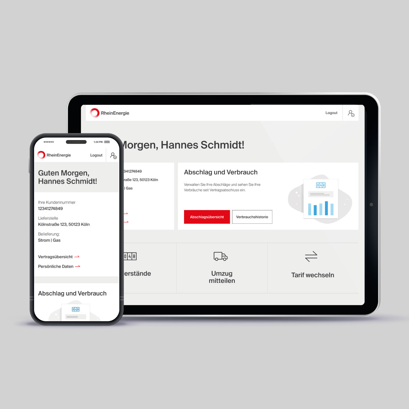 Ansicht des OnlineService auf dem Smartphone und Tablet.
