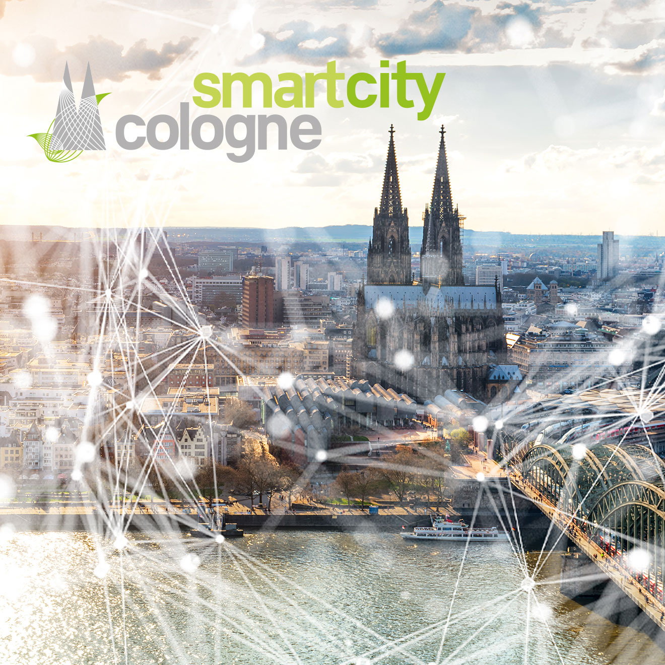 Vernetzende Lichtstrahlen über einer Stadt Köln