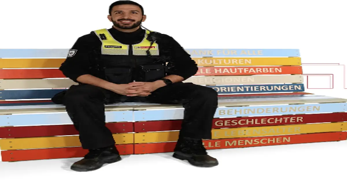 Ein Mann in Arbeitskleidung sitzt auf einer bunten Bank.