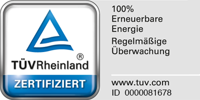 Auszeichnung TÜV Rheinland Zertifiziert (100% Erneuerbare Energie, regelmäßige Überwachung)