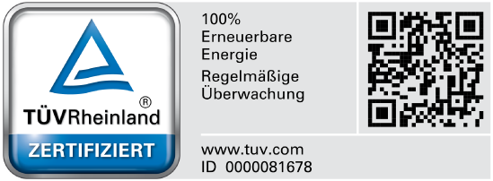Auszeichnung TÜV Rheinland Zertifiziert (100 % Erneuerbare Energie, Regelmäßige Überwachung)