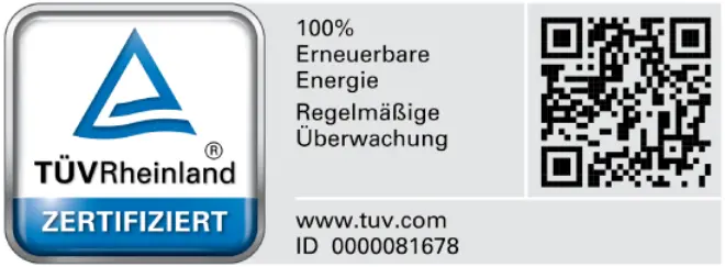 Siegel: Auszeichnung TÜV Rheinland Zertifiziert (100 % Erneuerbare Energie, Regelmäßige Überwachung)