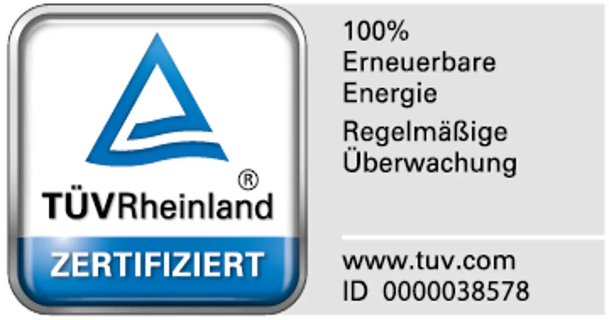 Auszeichnung TÜV Rheinland Zertifiziert (100 % Erneuerbare Energie, Regelmäßige Überwachung)