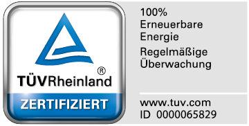 Auszeichnung TÜV Rheinland Zertifiziert (100 % Erneuerbare Energie, Regelmäßige Überwachung)