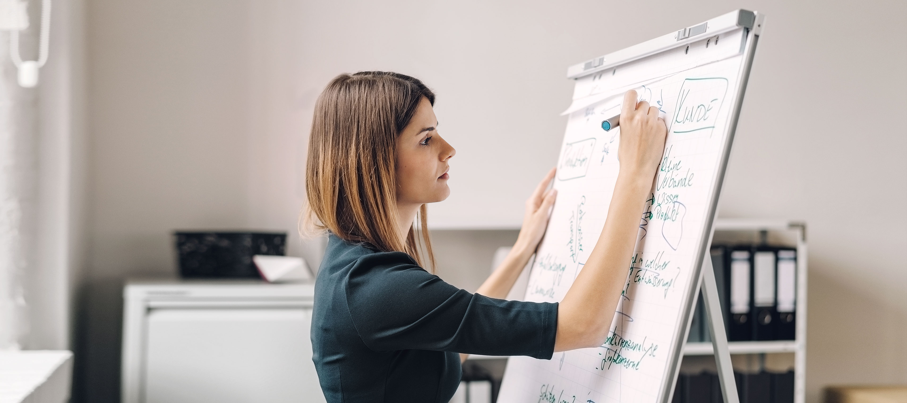 Frau arbeitet am Flipchart.